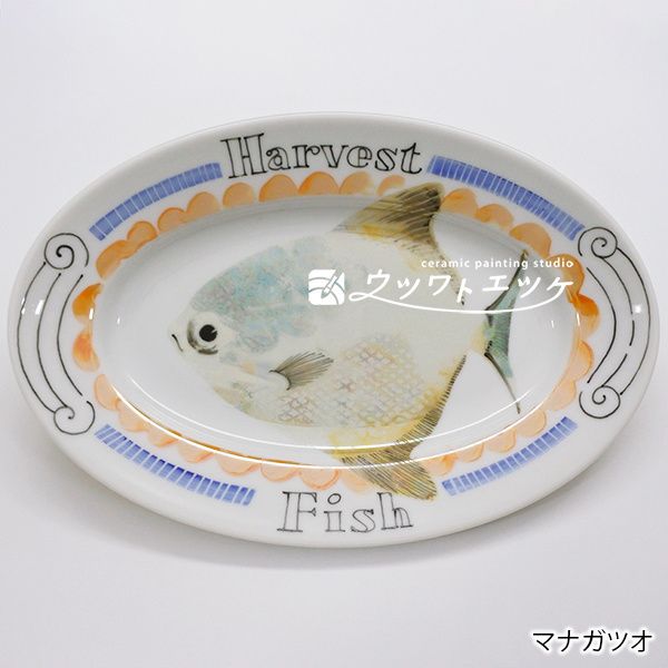 ラスターと上絵具でマナガツオが描かれた楕円皿