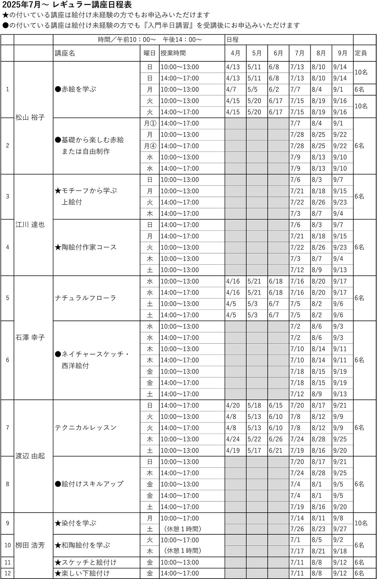 2025年4月からのレギュラー講座の日程表