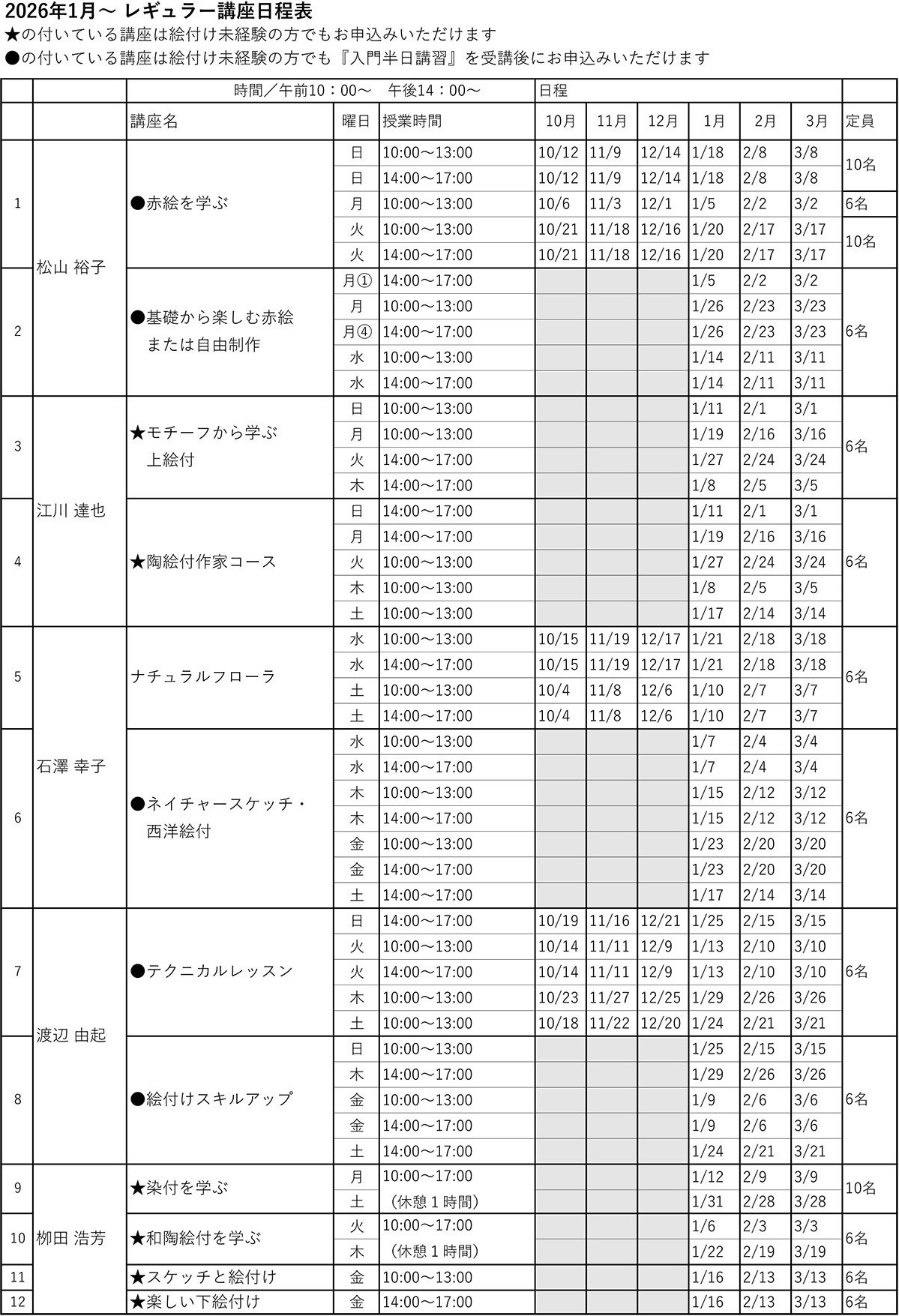 2026年1月からのレギュラー講座の日程