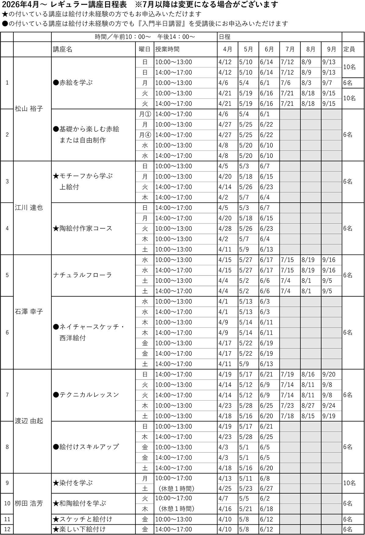 2026年1月からのレギュラー講座の日程